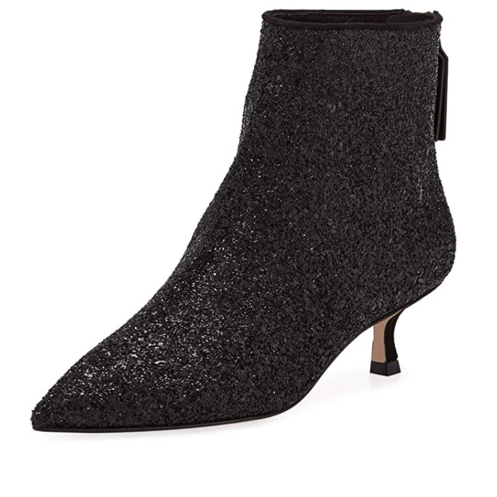XYD Black Glitter Low Kitten Heel Pointed Toe Side Zips Ankle Boots Dress Shoes